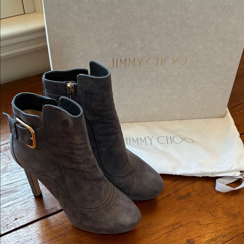 Jimmy Choo Gray Suede Buckle Ankle Booties